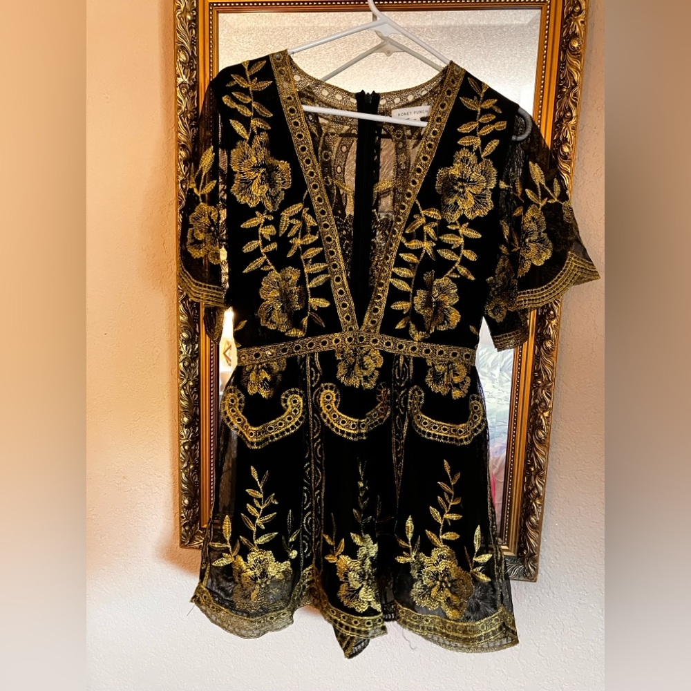 Black and Gold Embroidered Shorts Romper